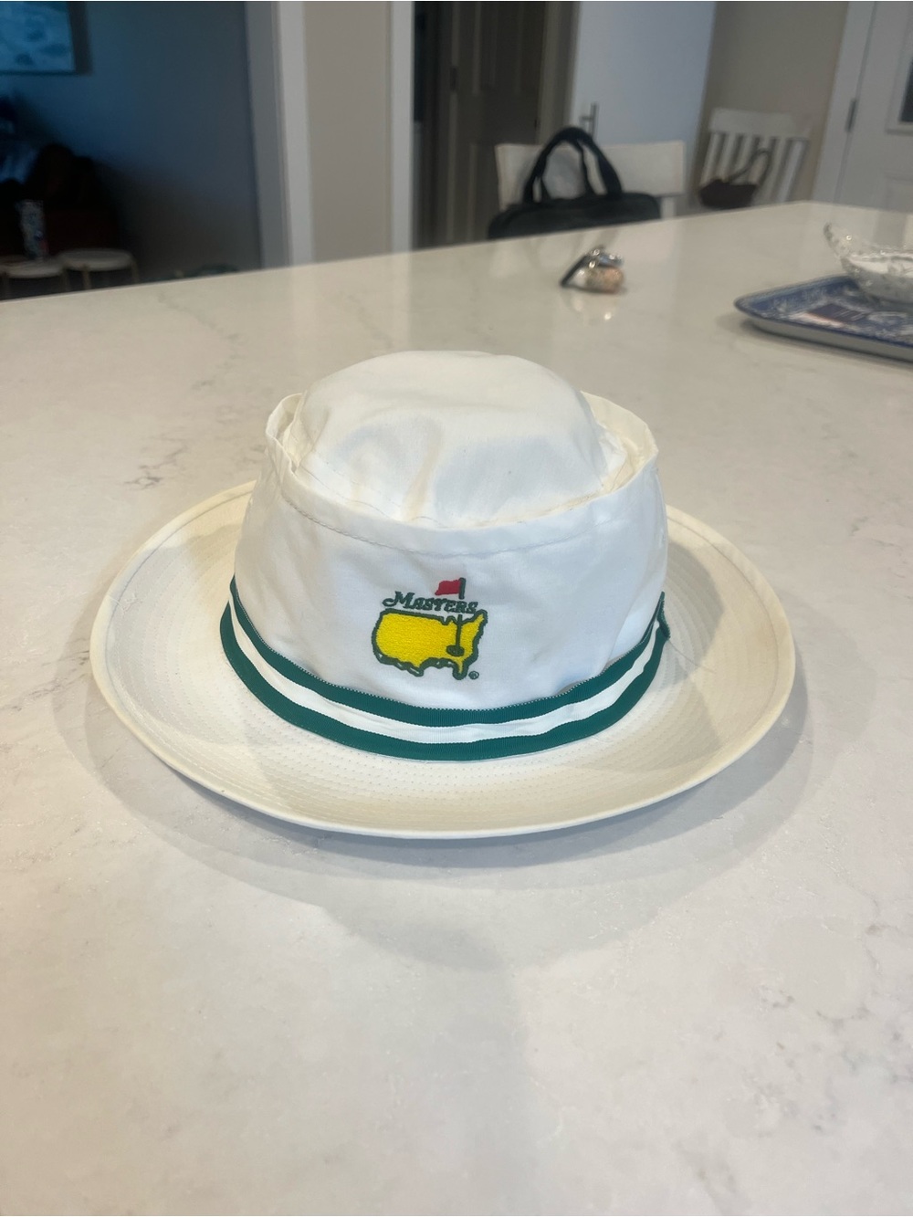 Masters White Bucket Hat with Green Stripe and Yellow Emblem